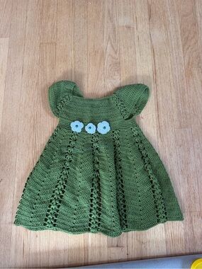 Olive Green Crochet Baby Dress with White Flower Accents 12-18 M